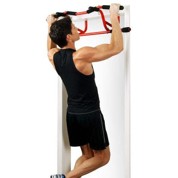 Male doing pull up on Elevated Chin Up Station in the high mount position of the doorway