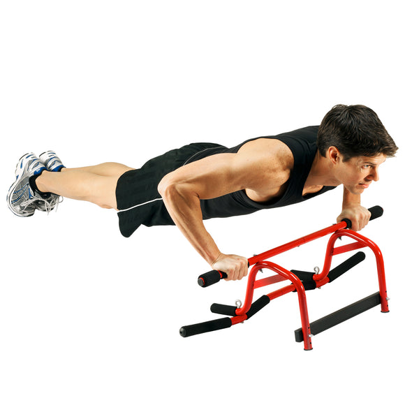 Male performing push ups on ground with Elevated Chin Up Station