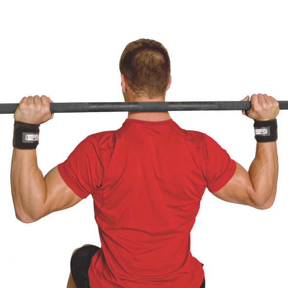 Male utilizing Elastic Wrist Strap with weight bar