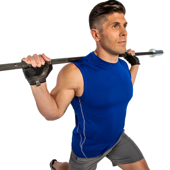Male lunging with weight bar wearing gloves